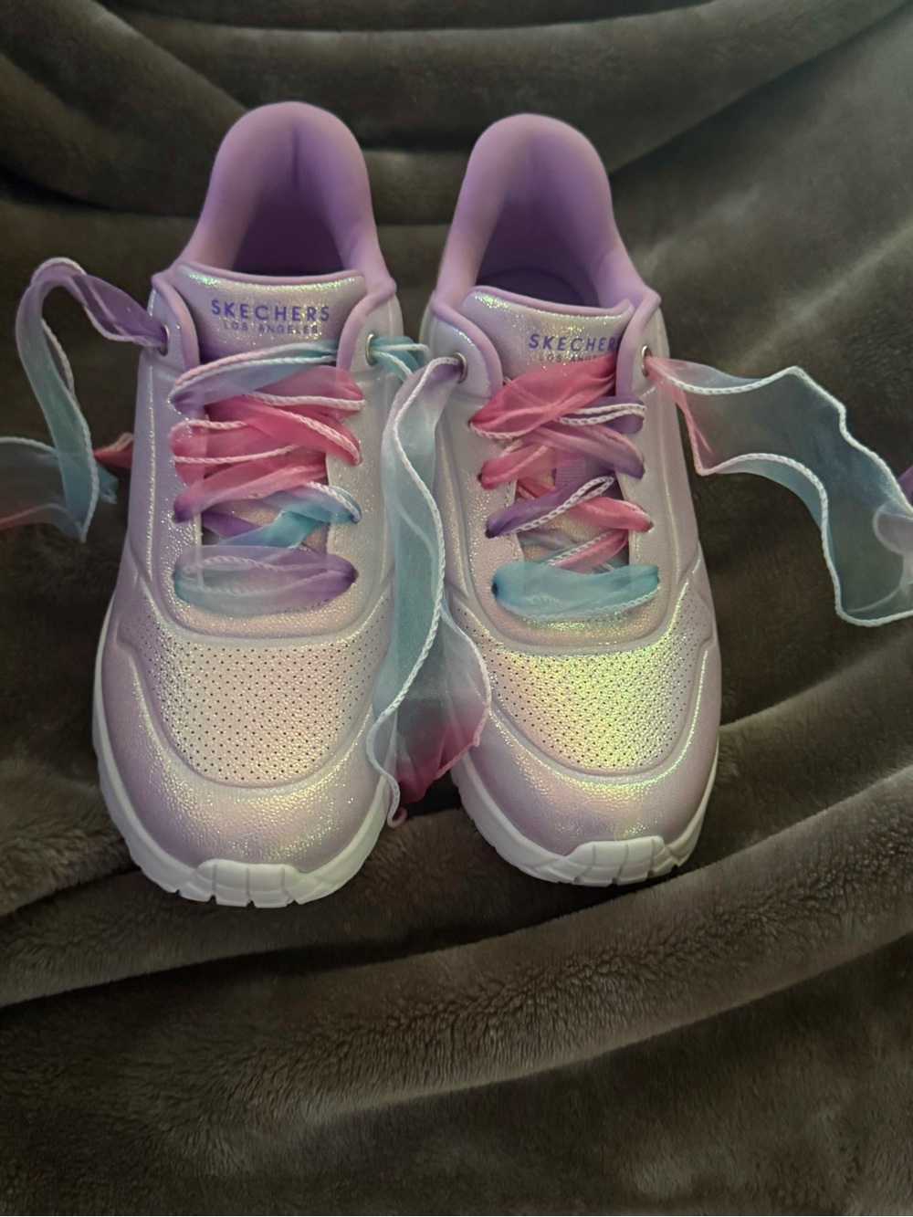Skechers Kids Iridescent Lavender Sneakers with Pink and Blue Ribbon Laces